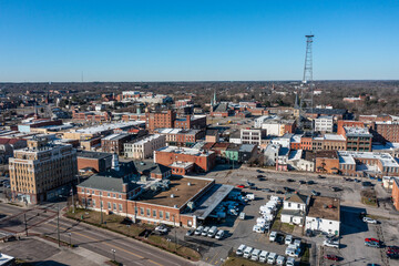 Aerial View of Historic Buildings and a Large Radio Tower in Historic Petersburg Virginia