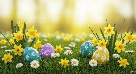 Eggs with floral pattern sit among yellow daffodil and daisy, grass; representing spring, Easter celebration, new beginning, and festive cheer