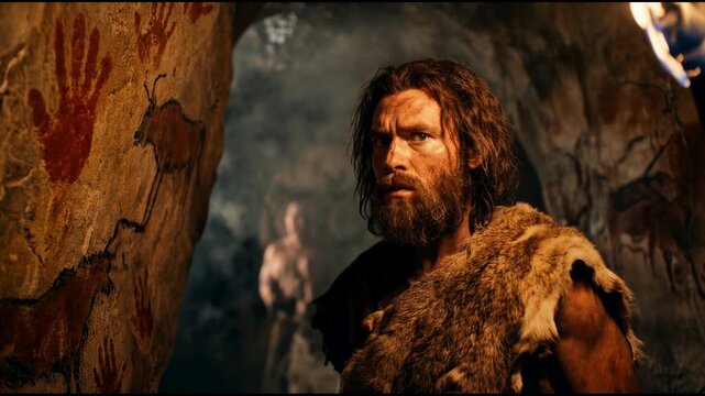 A prehistoric man dressed in fur clothing touches ancient cave paintings depicting bison by the light of a burning torch, illustrating human history and primitive art.