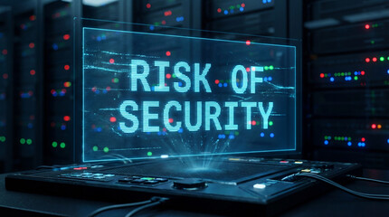 Cybersecurity risk visualized with a digital hologram. A thought-provoking conceptual rendering showcasing the vulnerabilities of modern computer networks.