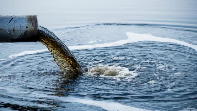 Wastewater discharge pipe polluting a body of water with dark, foamy liquid.