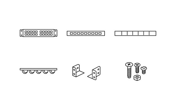 Collection of network and hardware components for server rack installation and assembly
