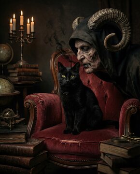 A surreal tableau of an enigmatic figure, crowned with impressive horns, shares a quiet moment with a sleek black feline, seated on a plush armchair, the ambiance steeped in mystery and aged history.