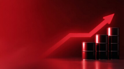 A striking visual of growth represented by an upward arrow in front of black barrels. The red background adds intensity to this concept of progress and success. Ideal for business themes. AI
