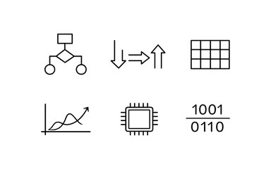 Set of six simple icons representing technology, data, and processes