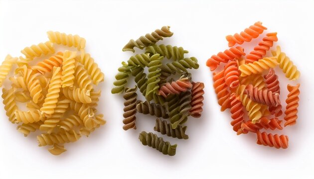 Three Colored Dry Fusilli Pasta Pieces With Transparent Background