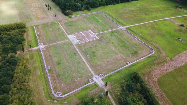 low concrete walls trace historical rectangular perimeter internal structure ancient military base image roman fort castellum fectio utrecht netherlands aerial bunnik 