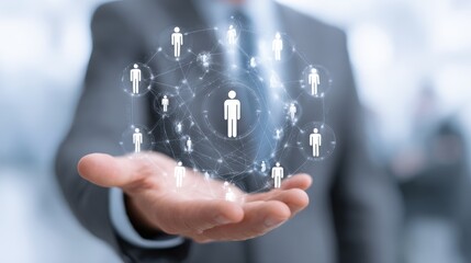 Fototapeta premium Businessman hold circle of network structure HR Human resources. Business leadership concept. Management and recruitment. Social network. Different person, business, leader
