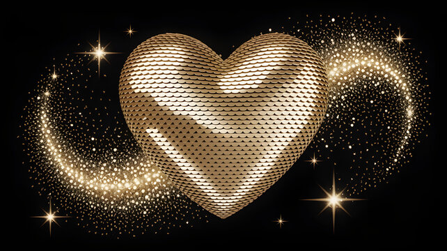 Heart shape made of golden sequins with sparkling glitter trails on a black background.