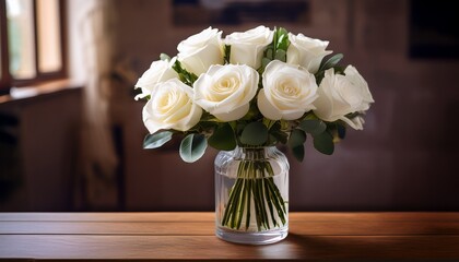 Fototapeta premium A Detailed Elegant Composition Featuring A Bouquet Of Fresh White Roses Arranged Gracefully In A Tall Clear Glass Vase Placed On A Wooden Table Styled With A Soft Vintage Aesthetic