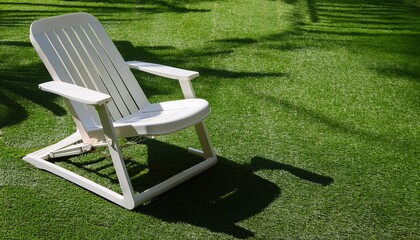 White Folding Lounge Chair On Green Artificial Grass With Strong Shadows On A Sunny Day Perfect For Relaxation