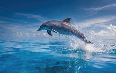 Fototapeta premium Graceful marine mammal leaps from sparkling blue ocean under a cloudy sky