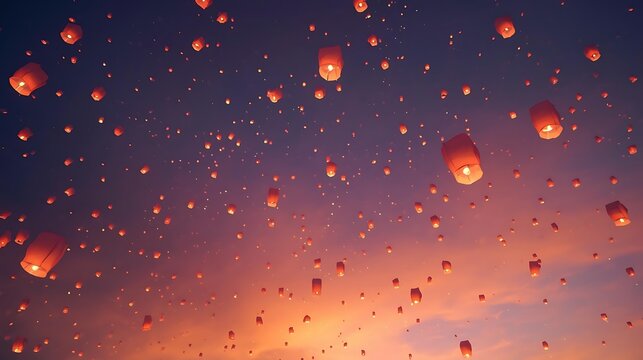 Floating Lanterns in Night Sky During Sunset with Vibrant Colors and Sparkling Stars