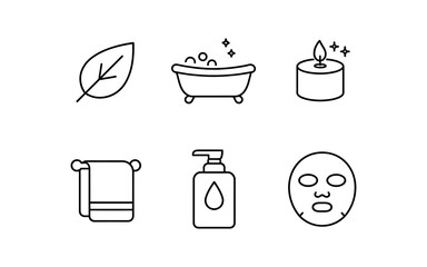 Collection of spa and wellness icons including a leaf, bathtub, candle, towel, soap, and face mask