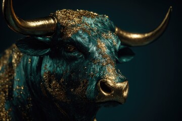 Majestic dark teal bull sculpture, adorned with shimmering gold dust