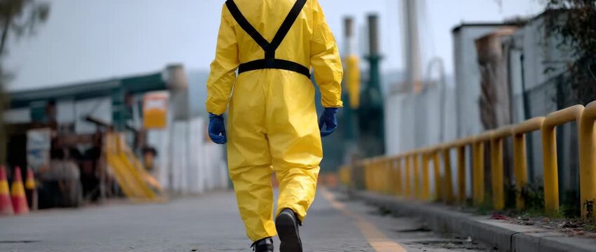 A figure in a hazmat suit symbolizes caution and safety.