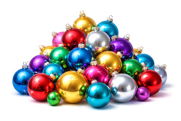 Large pile of shiny colorful Christmas ornaments baubles for holiday decoration isolated on white
