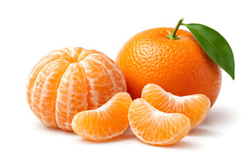Fresh mandarin orange and peeled segments isolated on white background healthy citrus fruit