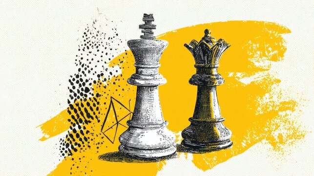 Chess King and Queen Pieces on Abstract Yellow Brush Stroke Background with Geometric Shapes