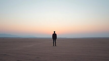 Solitary Figure on Barren Landscape at Dusk with Soft Pastel Sky Colors