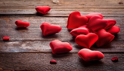 Red Hearts Scattered On Aged Wooden Surface