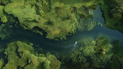 Obraz premium Aerial View of Boat Navigating River Through Green Landscape