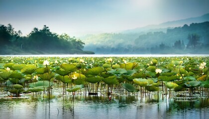 Green Leaved Lotus Flowers Growing In A Lake