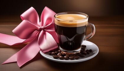 Glass Of Black Coffee With Foam Adorned With A Pink Ribbon Bow