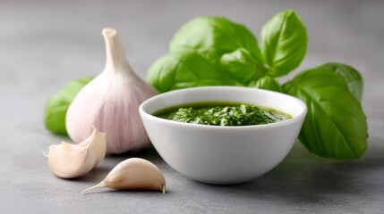 Fresh basil leaves and garlic cloves with a bowl of vibrant green pesto sauce. A healthy addition to your meals and a staple in Italian cuisine. Perfect for food lovers. AI