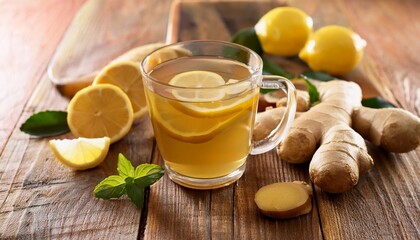 Ginger Lemon Tea In A Glass Cup With Fresh Ingredients