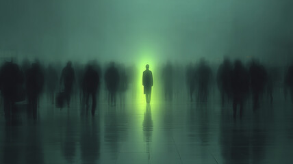 A lone human figure in the center of a bright green glow among the blurred shadows of the crowd. A deep visual image of individuality, the search for a path and hope in a foggy metropolis.