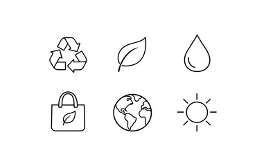 Set of six simple line icons representing environmental conservation and sustainability concepts