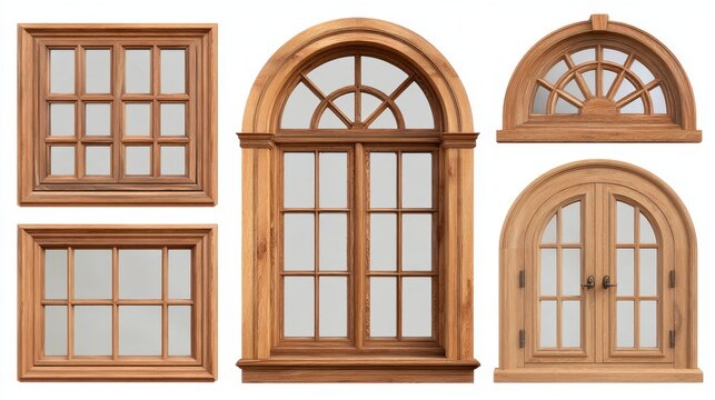 Set of wooden window frames with arched and paneled designs.