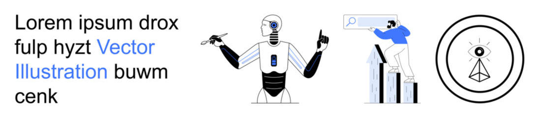 Artificial intelligence, data analytics, cybersecurity, innovation, business growth, technology trends. A robot, a figure analyzing data and an eye symbol. Artificial intelligence and data analytics