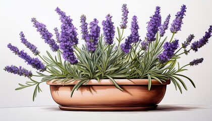 Lavender Plant Illustration In Pot On White Background Botanical Drawing