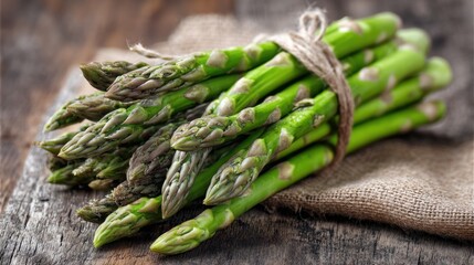 Fresh green asparagus bundle on rustic wooden surface with burlap.