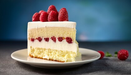 Indulge In Creamy Delight A Slice Of Heaven Cream Cake With Fresh Raspberries A Sweet Escape For Your Senses Perfect For Dessert Lovers