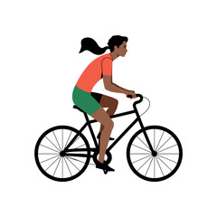 Obraz premium A woman riding a bicycle in a dynamic and active pose with a plain background