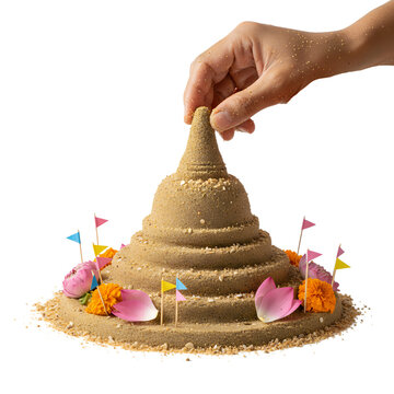 Hand carefully building a sand stupa mandala adorned with flags and flowers, representing tibetan or buddhist festivals and rituals