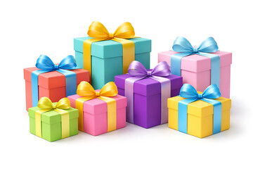 Obraz premium Group of colorful gift boxes with satin ribbons isolated on white background holiday celebration