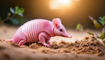 A Charming Pink Fairy Armadillo Digs In Sandy Soil With Curiosity