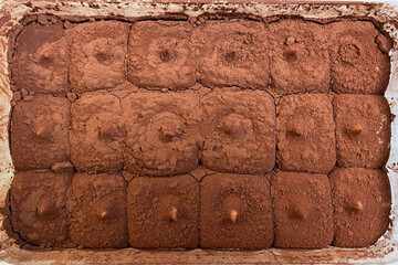 Tray of Cocoa Dusted tiramisu, Chocolate Dessert Squares