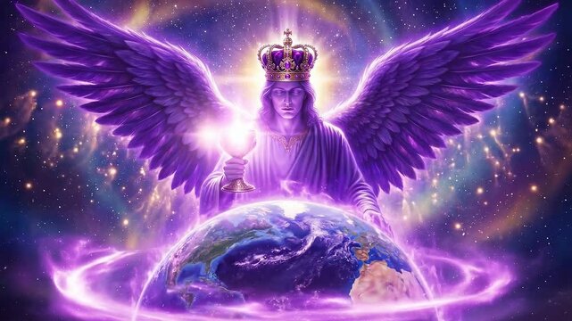 Mystical purple-winged woman with crown cradles puppy then holds chalice over glowing earth globe in cosmic space. Angelic guardian concept of spiritual protection and planetary harmony in ethereal