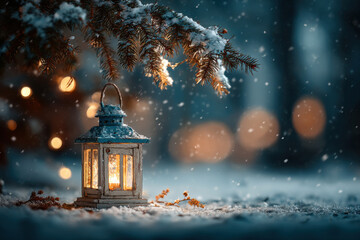 Cozy Christmas Lantern Under the Snowy Pine Branch with Bokeh Lights