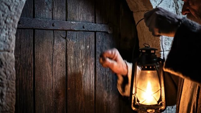 Hand holding lantern approaches ancient wooden door. Sequence shows gripping handle and pushing it open. Medieval exploration in dim stone corridor concept.