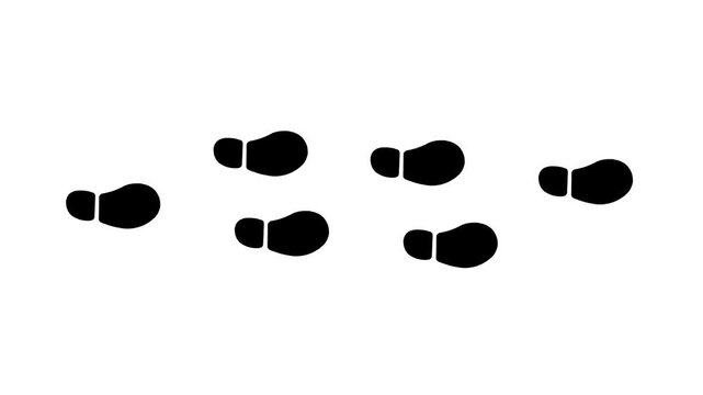 Footprints Walking Animation Human footprint 4K video. black trace of foot prints of person in boot and sneaker. Walk loop animation, graphic motion on white background.
