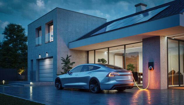 Modern House with Bi-Directional EV Charging Station at Twilight