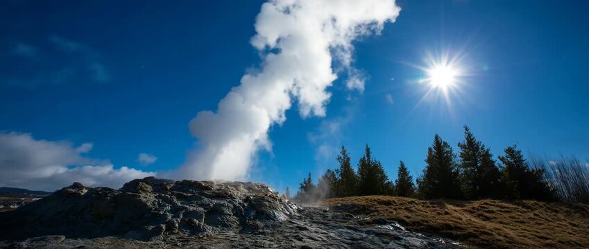 A powerful geyser erupting and releasing steam into sky.