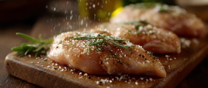 Raw chicken breasts seasoned with herbs on a wooden board.