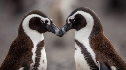 Obraz premium Two humboldt penguins facing each other with out-of-focus background.